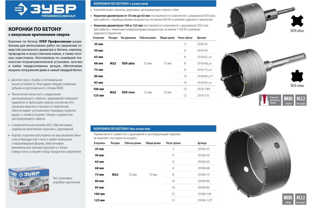 Коронка с державкой по бетону ЗУБР Профессионал 100 мм, SDS-Max 2918-100