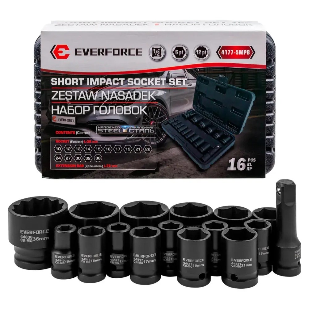 Набор головок ударных глубоких 16пр. 1/2"12pt EVERFORCE EF-4177-5MPB