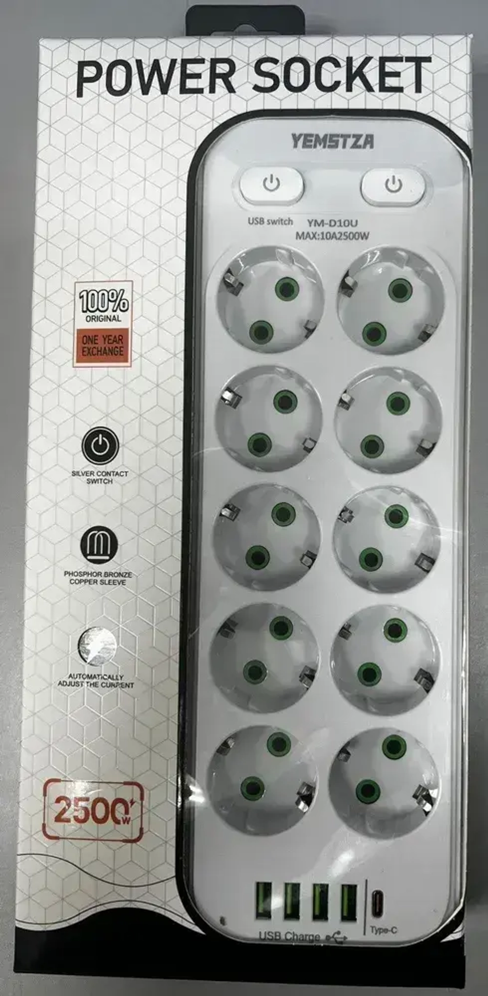 Сетевой фильтр 10 розеток 4 USB +Type-C белый, 712550055