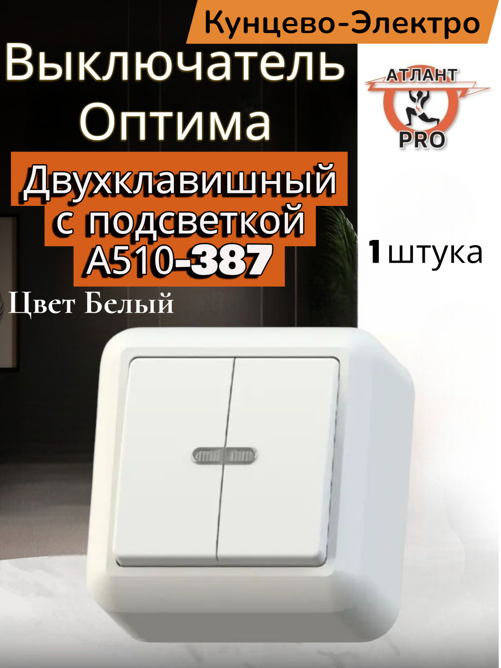 "ОПТИМА" Выключатель откр. уст. двухкл. с подсв., 10А А510-387