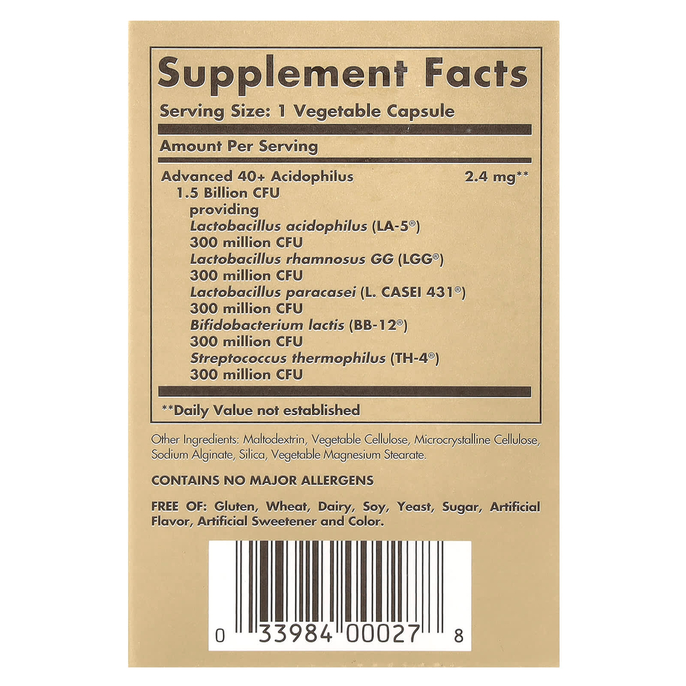 Solgar, улучшенный ацидофильный комплекс 40+, 60 растительных капсул