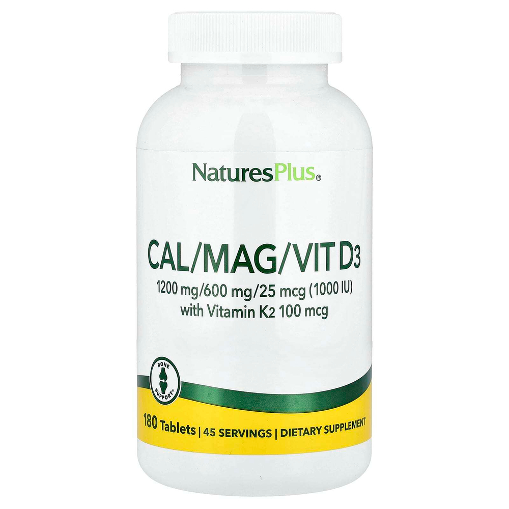 NaturesPlus, комплекс с кальцием, магнием, витаминами D3 и К2, 180 таблеток