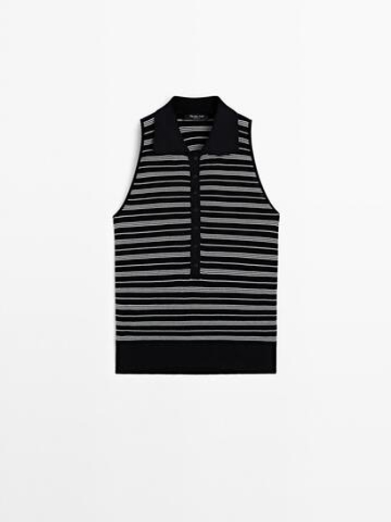 Massimo Dutti Поло из 100% хлопка в полоску, темно-синий