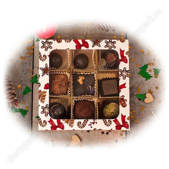 Упаковка с окном для 9 шоколадных конфет. НГ