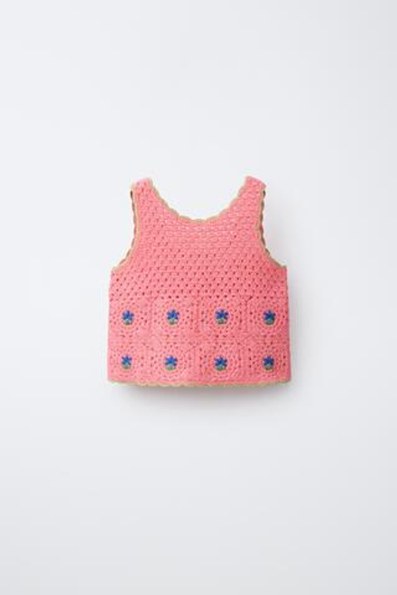 ZARA ТОП ИЗ КРУЖЕВА КРОШЕ С ВЫШИВКОЙ, КОРАЛЛОВЫЙ
