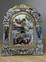 Георгий Победоносец, икона арочная с рамкой, красное дерево, эмаль 206х270