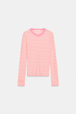 ZARA ФУТБОЛКА В ПОЛОСКУ НА ПУГОВИЦАХ, МЯГКИЙ РОЗОВЫЙ