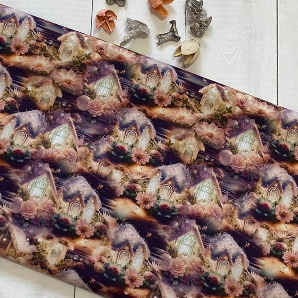 МАЛЕНЬКИЕ ДОМИКИ НА ФИОЛЕТОВОМ, ФЭНТЕЗИ,  100% хлопок Handmade Fabrics 2