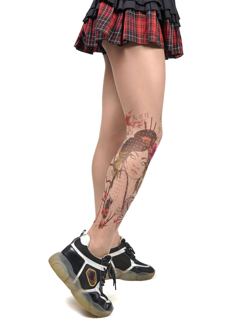 Колготки с принтом в виде гейши на правой ножке (Размер: S-M-L) (Цвет: бежевый)