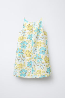 ZARA ПЛАТЬЕ ИЗ ХЛОПКА И ЛЬНА С ЦВЕТОЧНЫМ ПРИНТОМ, БИРЮЗОВЫЙ