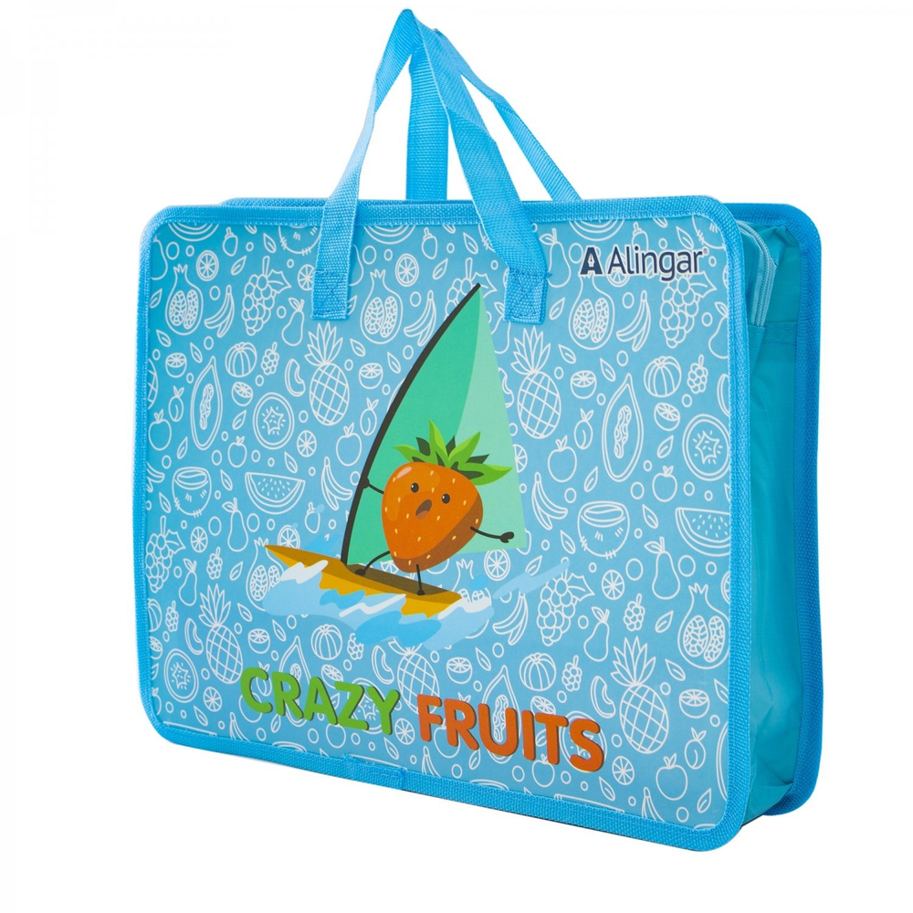 Папка с ручками 1 отделение, А4 265х335х90мм, Alingar, пластик, ручки тесьма, дизайн с двух сторон, молния сверху, "Crazy фрукты"