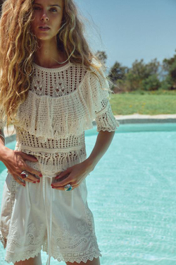 ZARA ТРИКОТАЖНЫЙ ТОП В РОМАНТИЧЕСКОМ СТИЛЕ С ВОЛАНАМИ, ЭКРЮ