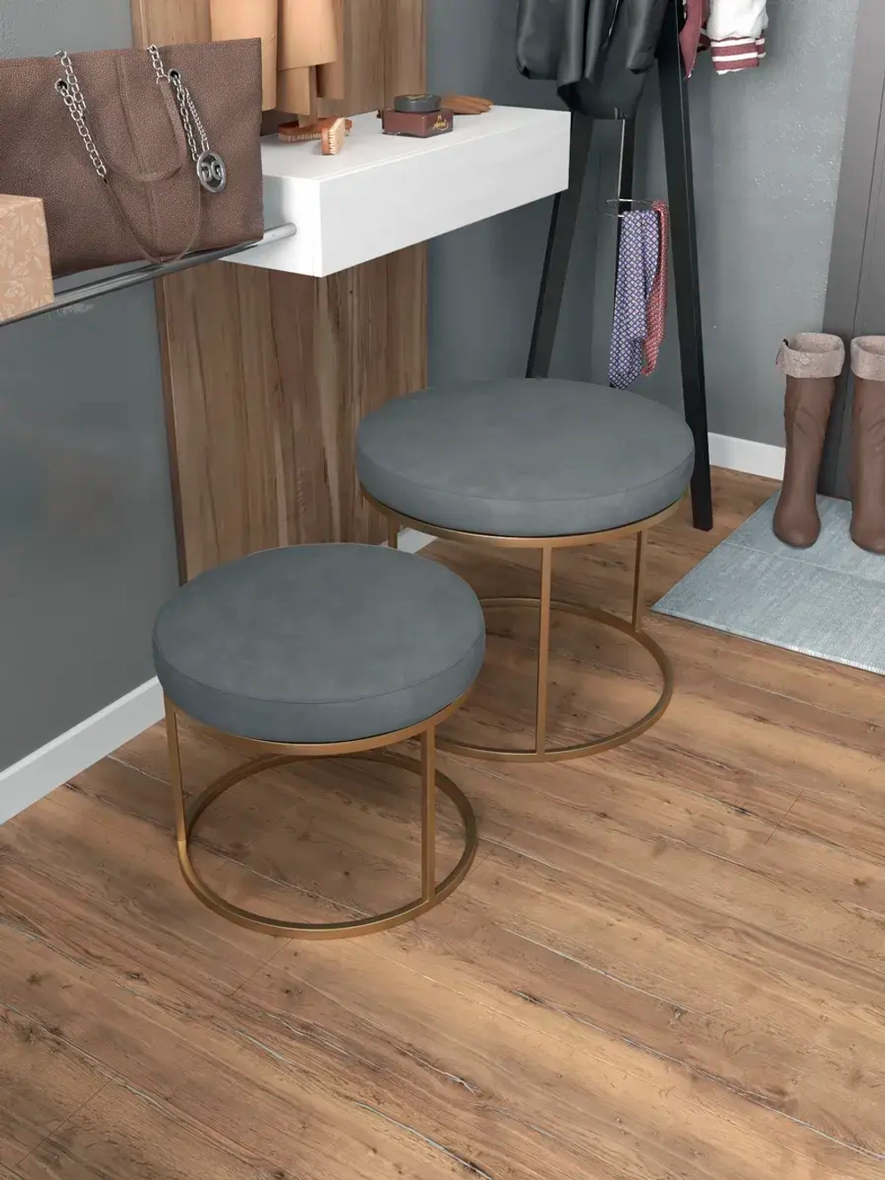 Комплект круглых банкеток - ЗСЕР - серое на золотом