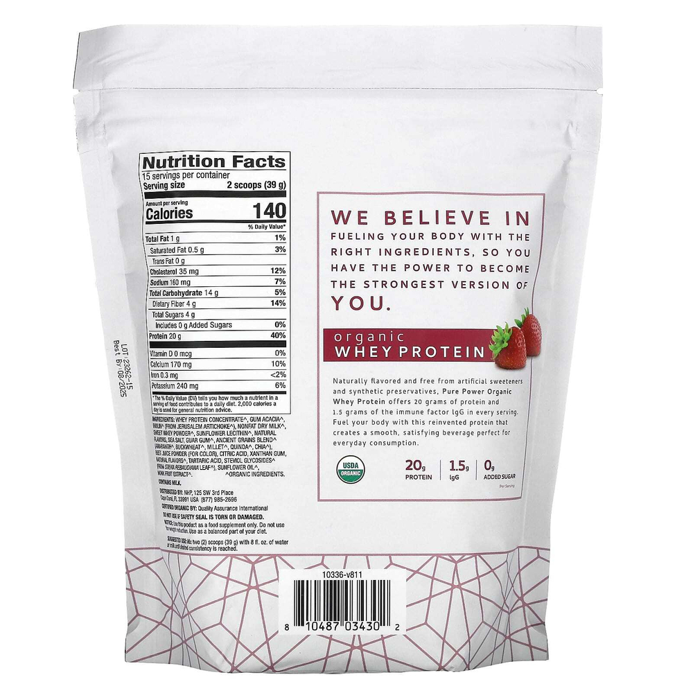 Dr. Mercola, Pure Power, органический сывороточный протеин, со вкусом клубники, 585 г (1 фунт, 4,6 унции)