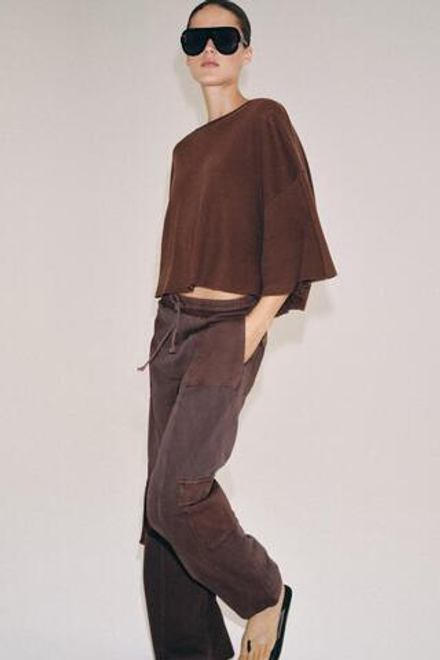 ZARA ФУТБОЛКА ИЗ ХЛОПКА И ЛЬНА, КОРИЧНЕВЫЙ