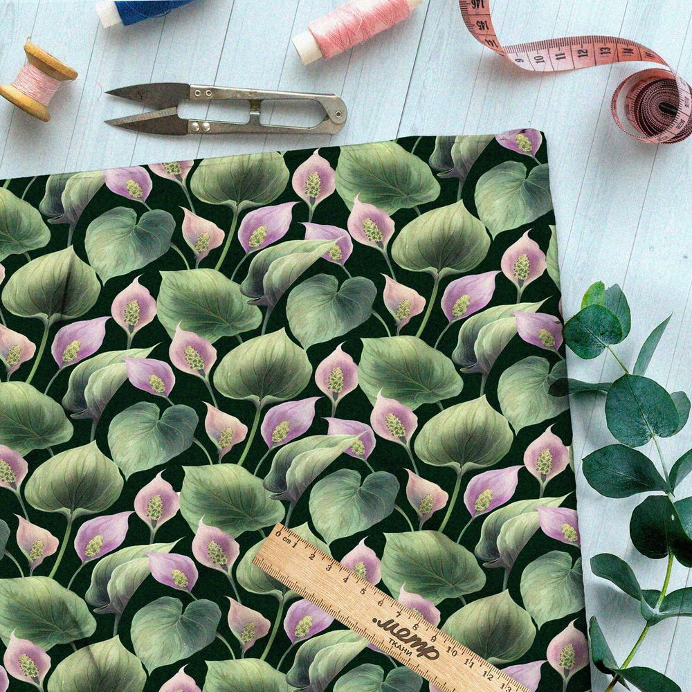 Ткань мембрана мягкие розовые кувшинки на тёмно-зелёном фоне