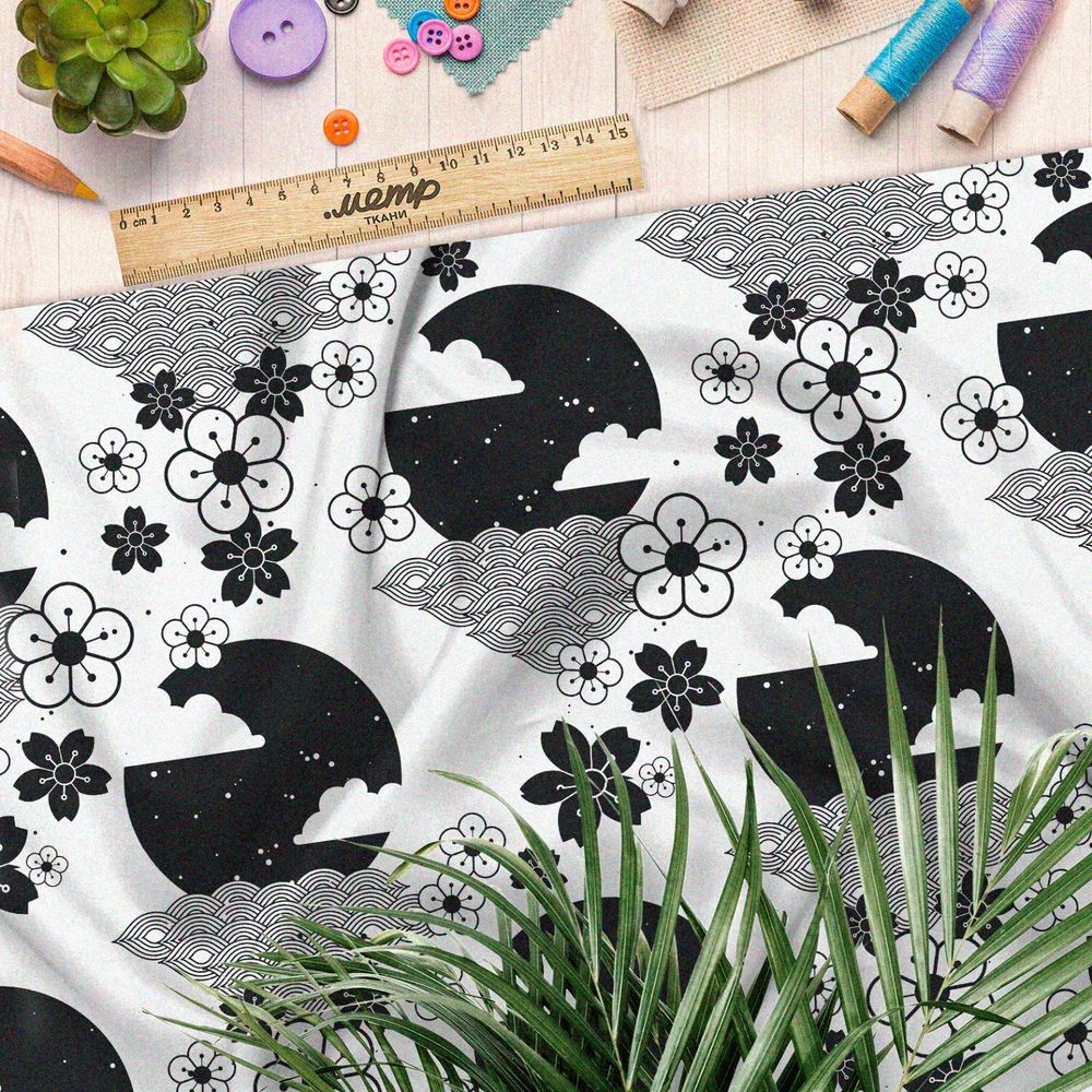 Ткань кулирная гладь чёрно-белые японские декорации