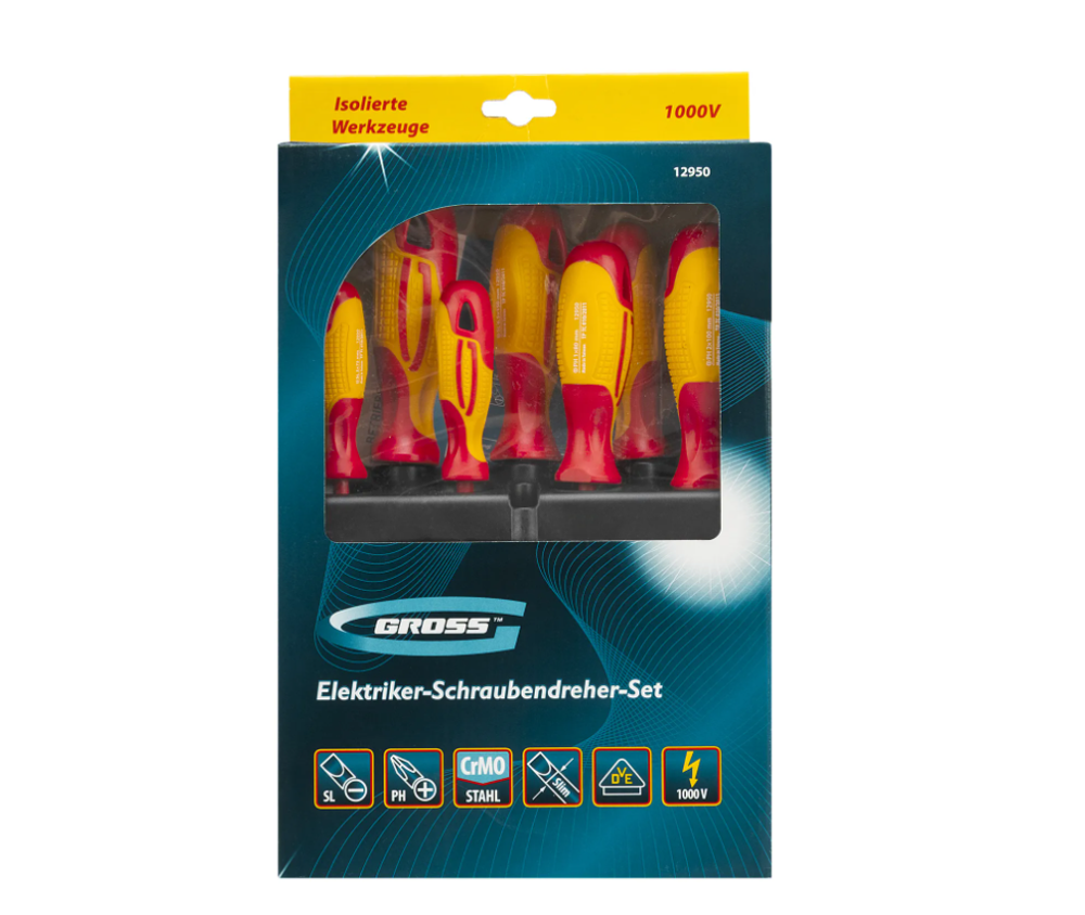 Набор отверток диэлектрических до 1000 В, 8 шт, тестер, CrMo, двухкомпонентные рукоятки Gross 12950