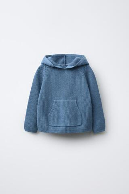 ZARA ТРИКОТАЖНЫЙ ДЖЕМПЕР С КАПЮШОНОМ И КАРМАНОМ, СИНИЙ