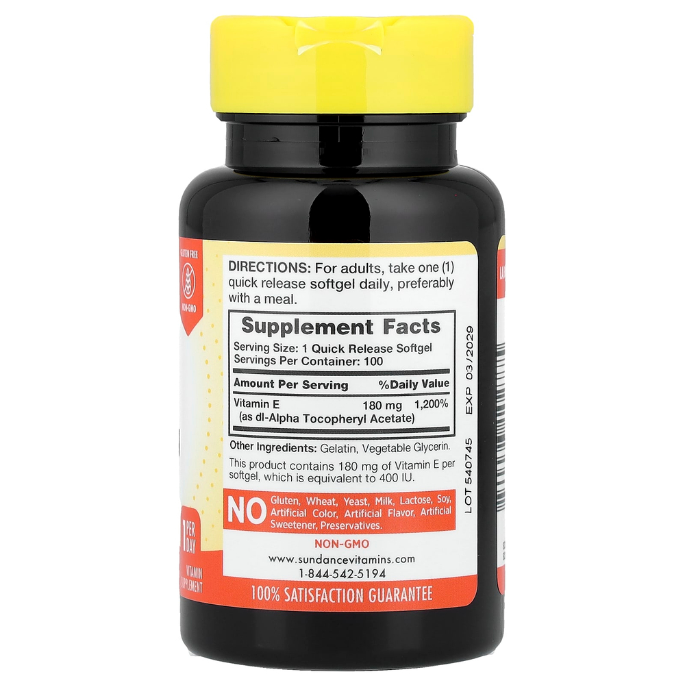 Sundance Vitamins, Витамин E, высокая эффективность, 180 мг (400 МЕ), 100 капсул быстрого высвобождения