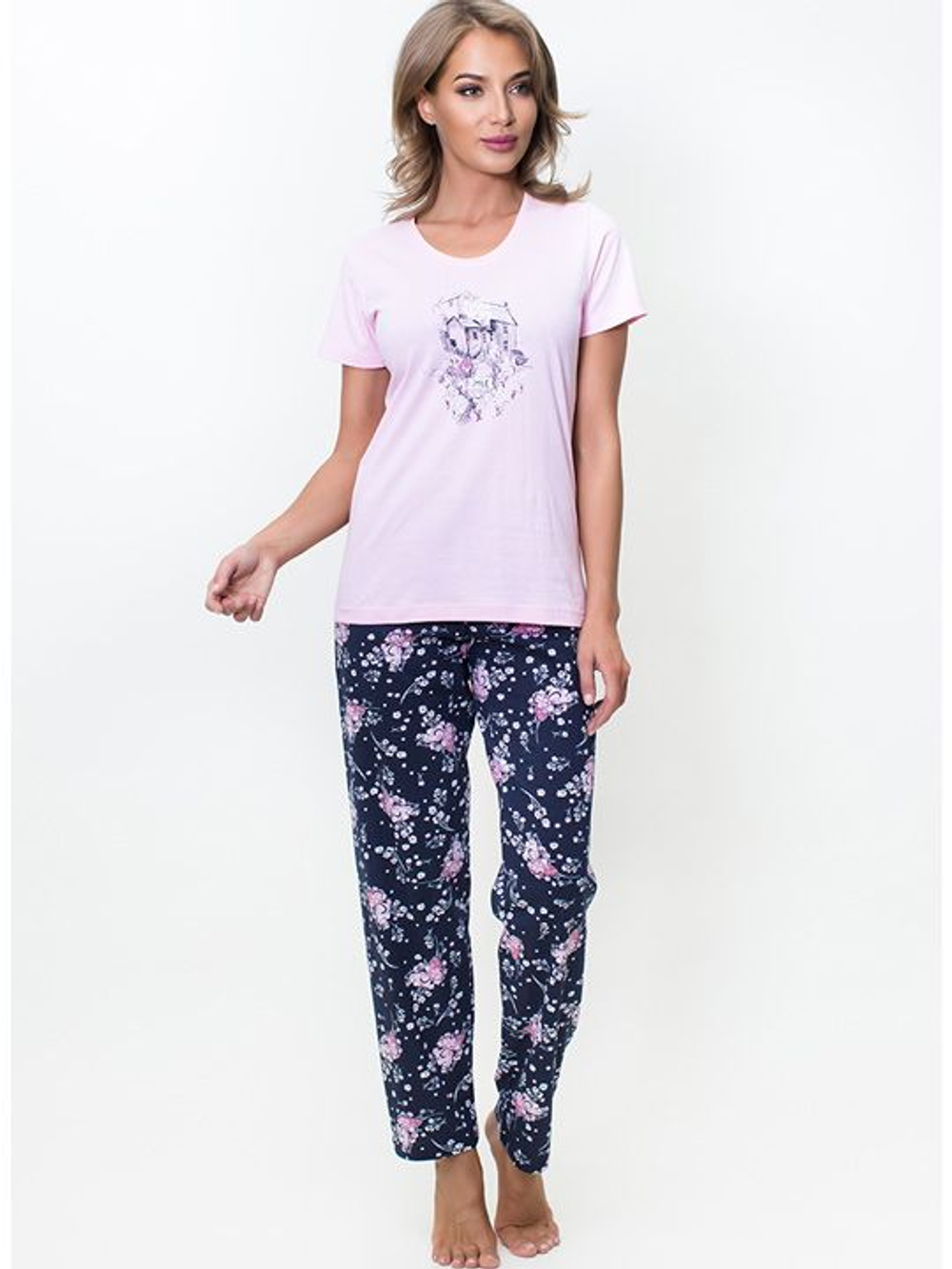 Домашний комплект с прямыми принтованными брюками (Размер: L) (Цвет: серый с синим)