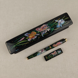 Набор "Ирисы" пенал, флешка и ручка Parker с ручной росписью Палех в футляре