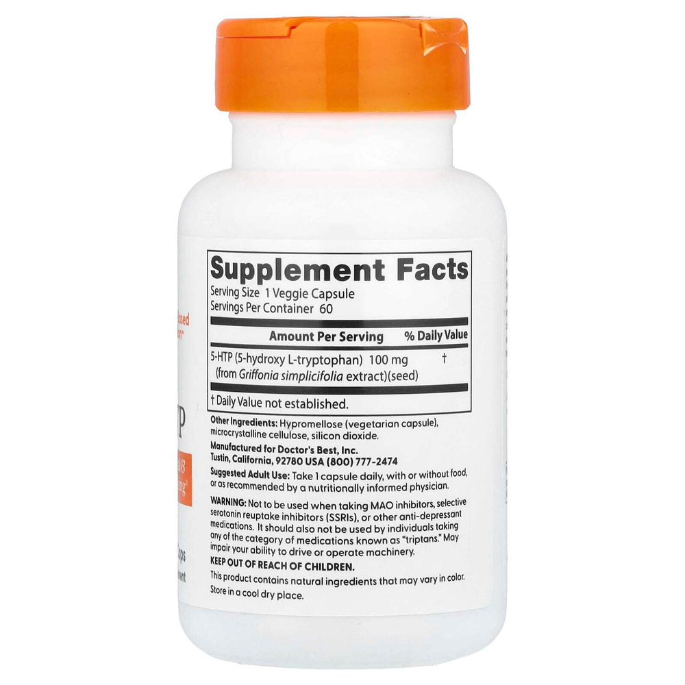 Doctor's Best, 5-гидрокситриптофан, 100 мг, 60 вегетарианских капсул