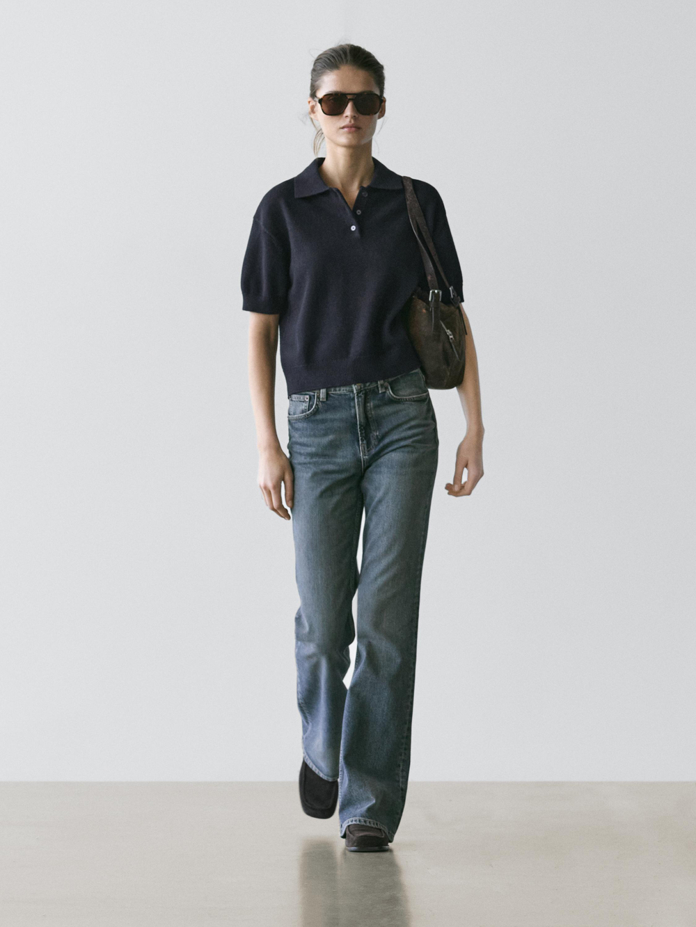 Massimo Dutti Свитер из смесовой шерсти с воротником поло, темно-синий