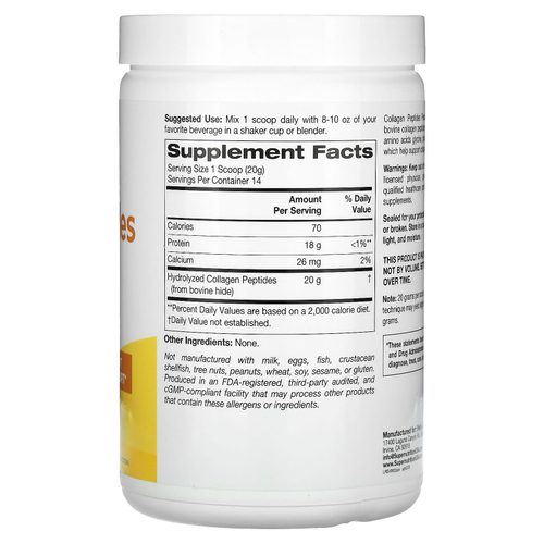 Super Nutrition, пептиды коллагена, без добавок, 280 г (9,88 унции)