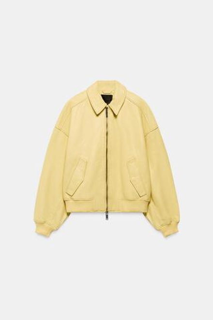 ZARA КУРТКА-БОМБЕР ИЗ 100% КОЖИ, ЖЕЛТЫЙ