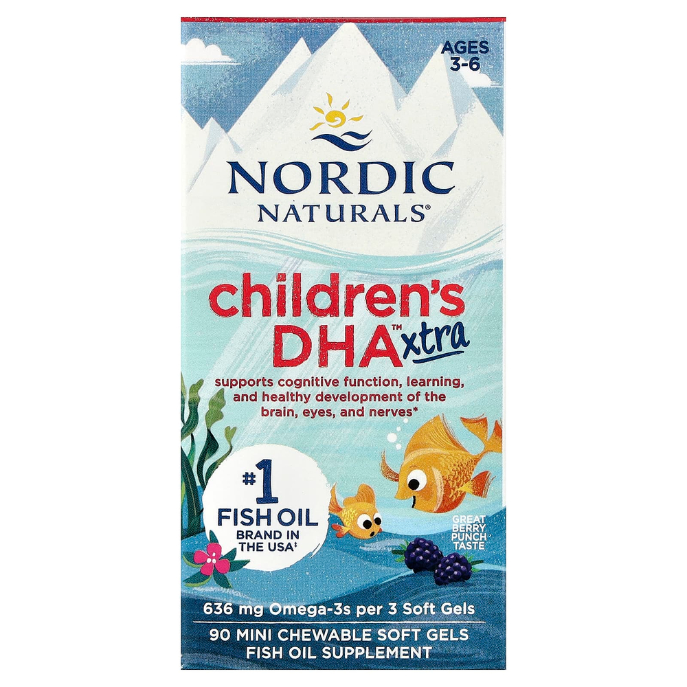 Nordic Naturals, Children's DHA Xtra, для детей от 3 до 6 лет, ягодный вкус, 636 мг, 90 мини-таблеток