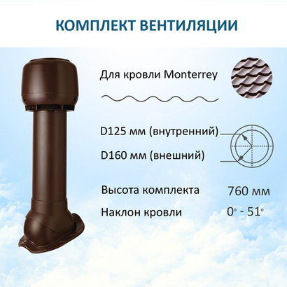 Комплект вентиляции: Колпак D160, вент. выход утепленный высотой Н-700, для металлочерепицы Monterrey, коричневый