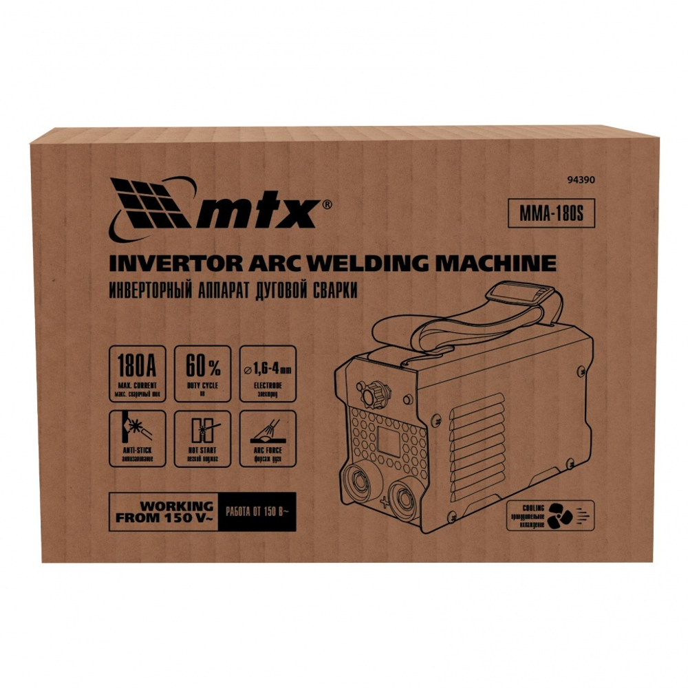 Инверторный аппарат дуговой сварки MMA-180S, 180 А, ПВ60%, диаметр электрода 1,6-4 мм MTX