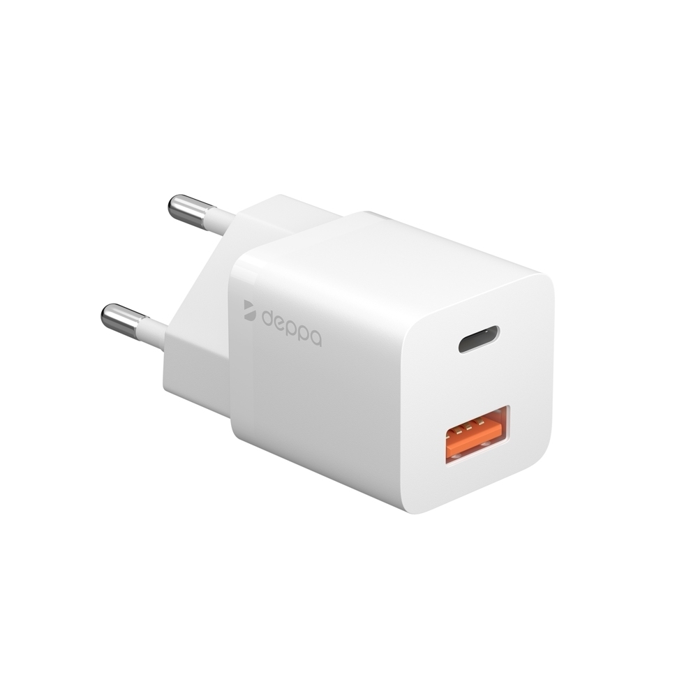 Сетевое зарядное устройство Deppa 11398, USB-C + USB-A, PD 3.0, QC 3.0, GaN, 20 Вт, белый