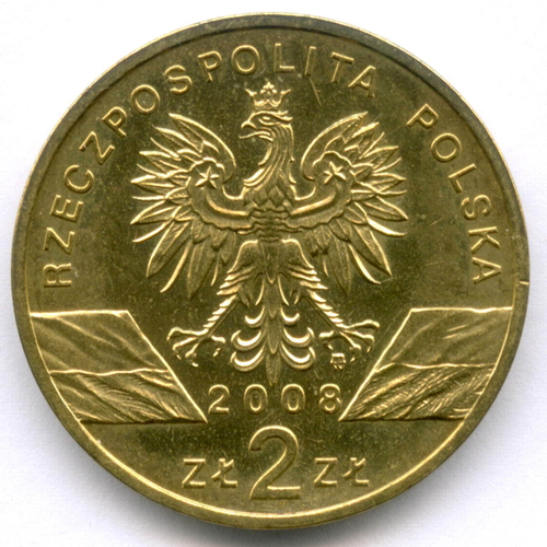 2 злотых 2008 год. Польша. Фауна - Сокол Сапсан. Латунь XF-AU