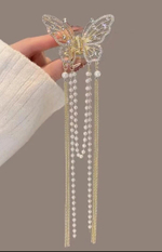 Блестящий краб-бабочка для волос с кисточками со стразами и жемчугом (имитация) . Золото
