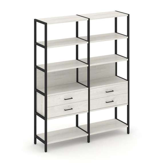 Shelf System Двухсекционный стеллаж пятиярусный с ящиками SN.STM-522 Дуб Наварра/Металл Черный 1590*