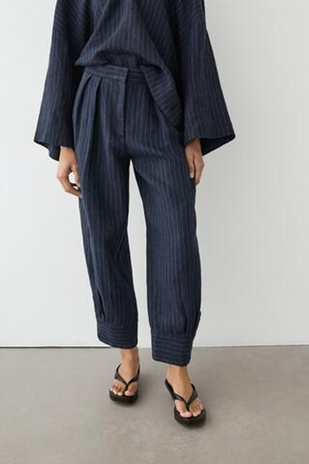 Massimo Dutti Полосатые льняные брюки-саруэль, темно-синий