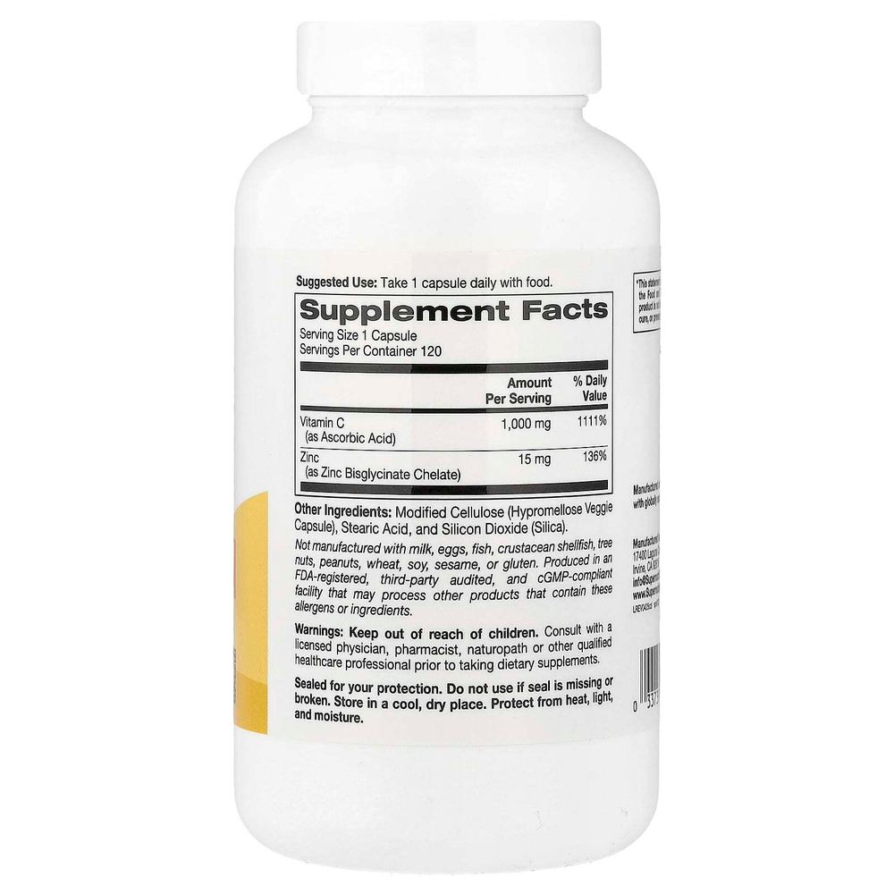 Super Nutrition, добавка для укрепления иммунитета C-1000 с цинком, 120 растительных капсул