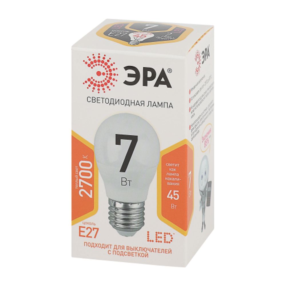Лампочка светодиодная ЭРА STD LED P45-7W-827-E27 E27 / Е27 7Вт шар теплый белый свет | Лампы cветодиодные Шар (G/P)