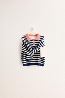 ZARA TIMELESS — СВИТЕР ПОЛО В ПОЛОСКУ, ЭКРЮ/СИНИЙ