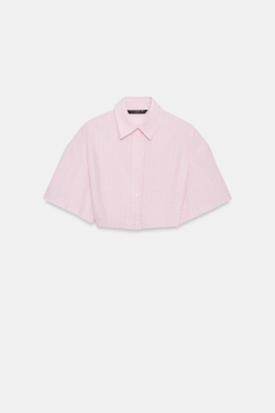 ZARA УКОРОЧЕННАЯ РУБАШКА ИЗ ПОПЛИНА В ПОЛОСКУ, РОЗОВЫЙ/БЕЛЫЙ