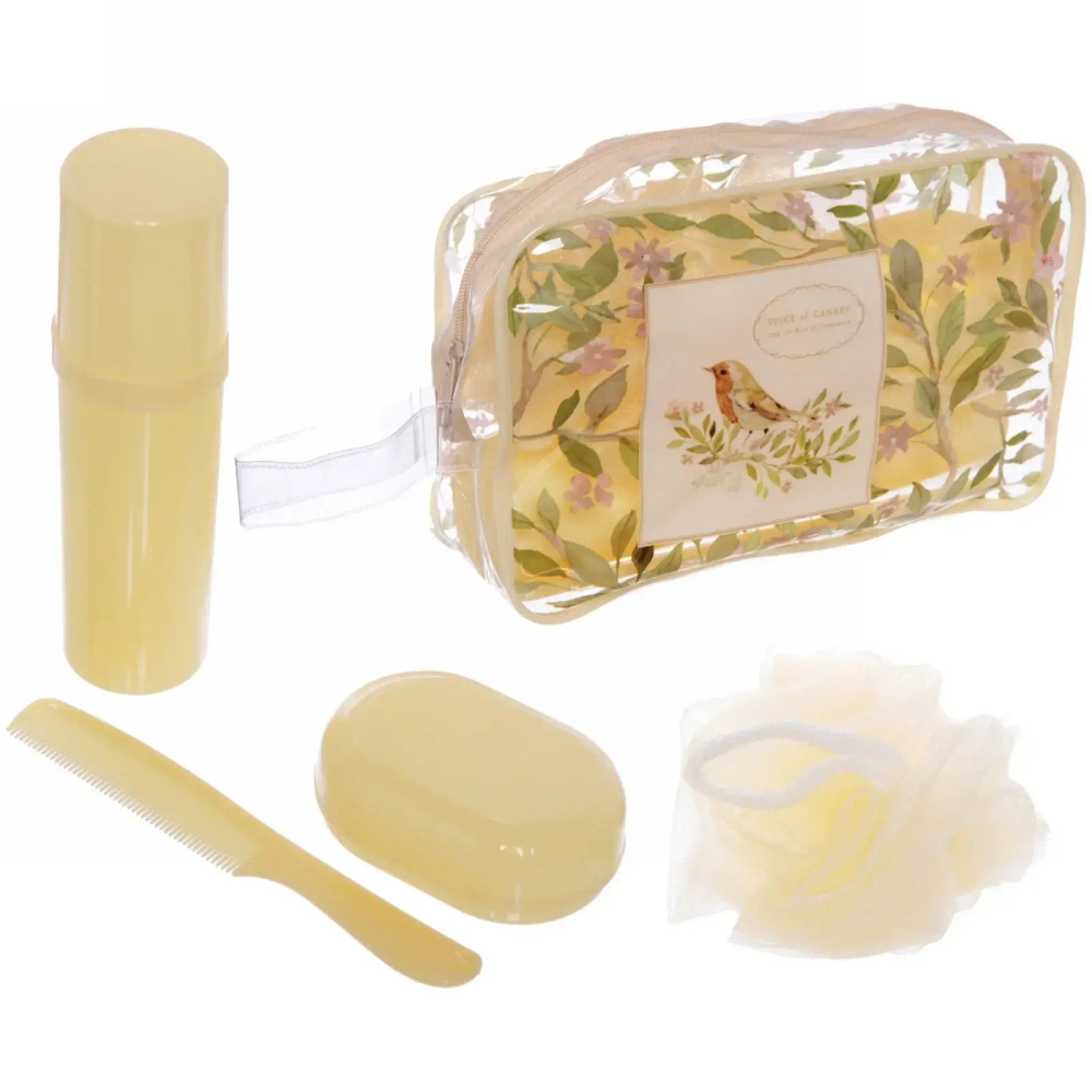 Набор банный дорожный 4шт «Traveler - Птички», микс 2 цв., (мочалка, футляр 2шт, расческа), 21,5*14*7см