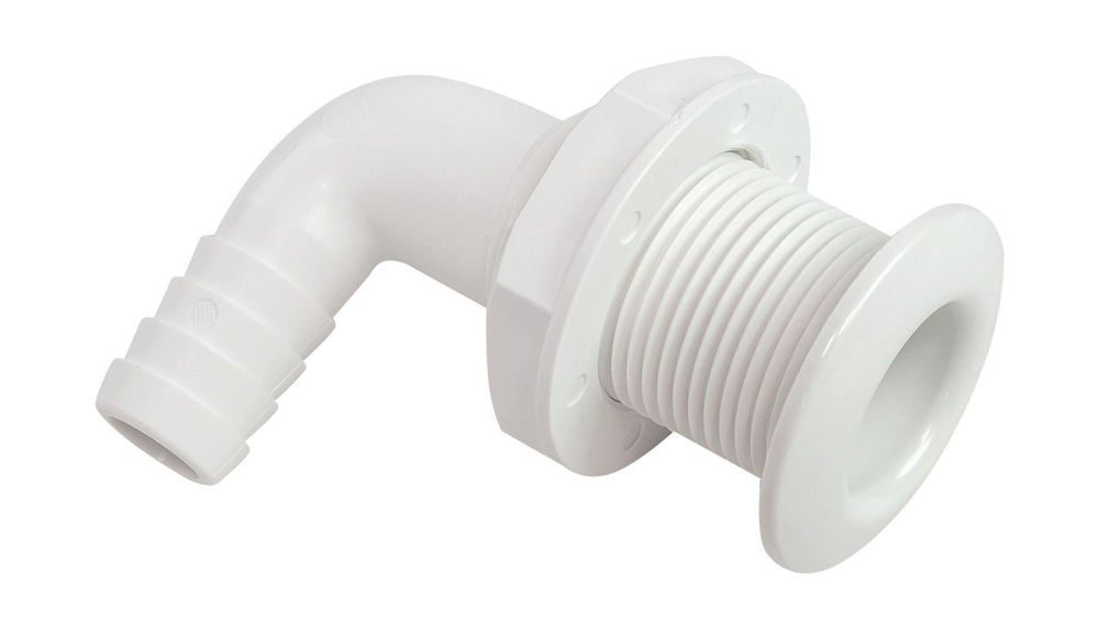 Разъем водосброса угловой с обратным клапаном под шланг 19 мм, белый