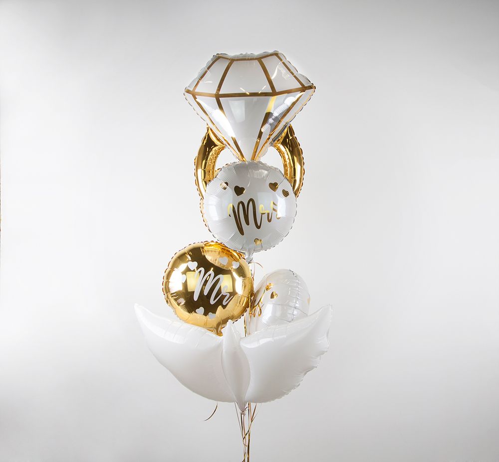 Шар (36''/91 см) Фигура, Кольцо с бриллиантом, Белый/Золото, 1 шт.