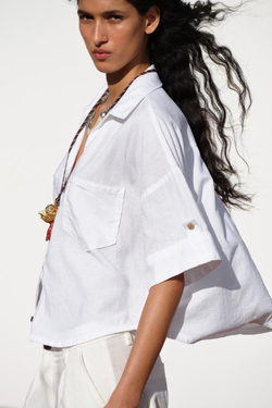 ZARA УКОРОЧЕННАЯ РУБАШКА ИЗ СМЕСОВОГО ЛЬНА, БЕЛЫЙ