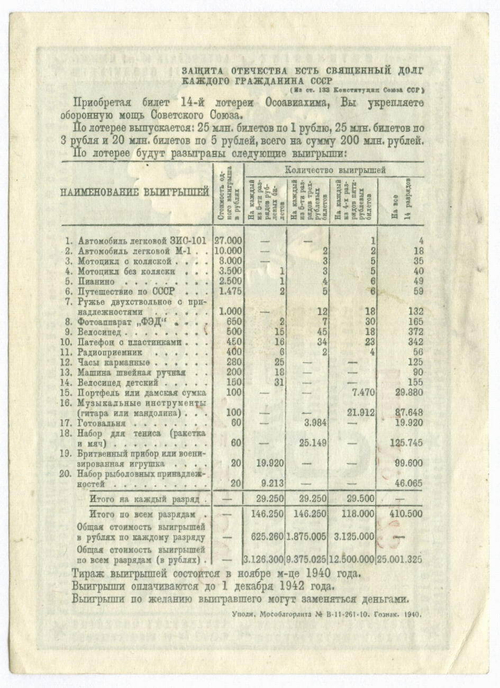 Билет 14-й Всесоюзной лотереи ОСОАВИАХИМА 1940 год. VF