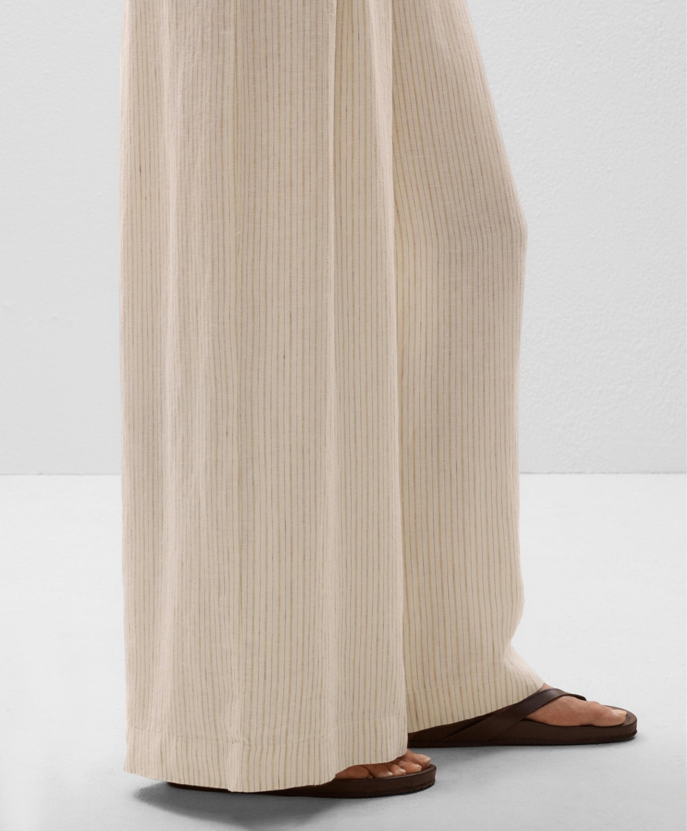 OYSHO Брюки широкие в полоску из 100% льна, светло-бежевый