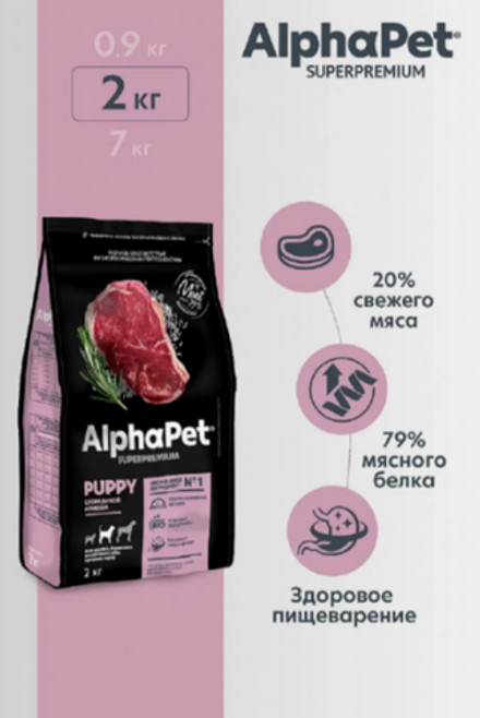 DOG AlphaPet Superpremium сухой корм для щенков, беременных и кормящих собак средних пород с Говядиной и рисом 2кг