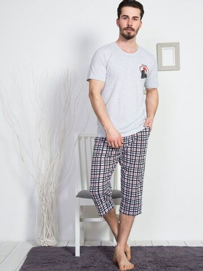 Мужской комплект с капри в мелкую клеточку (Размер: M) (Цвет: серый)